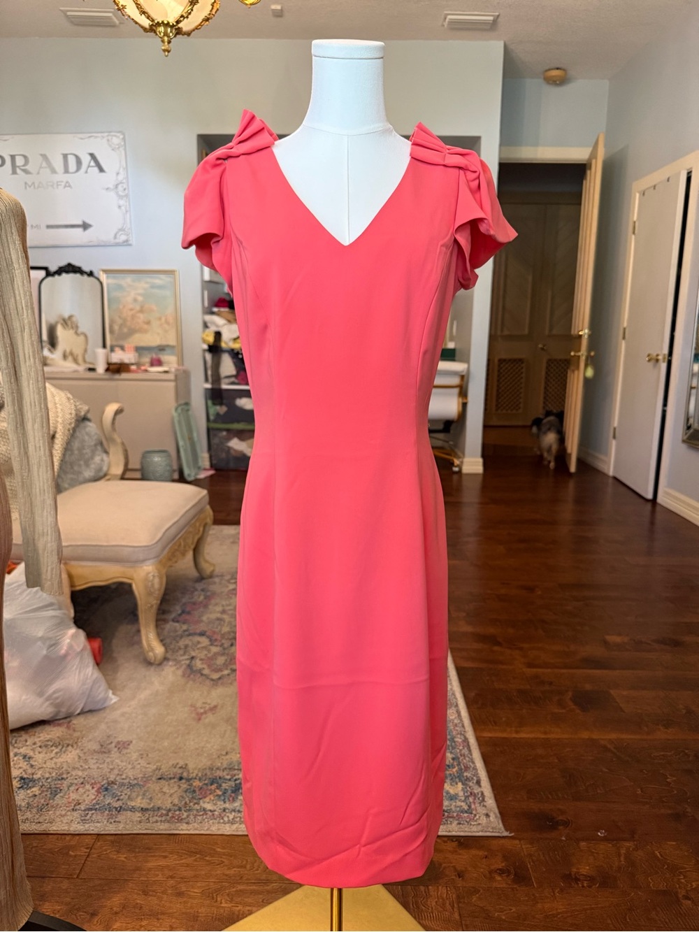 Women's V-Neck Pink Dress with Ruffled Shoulders